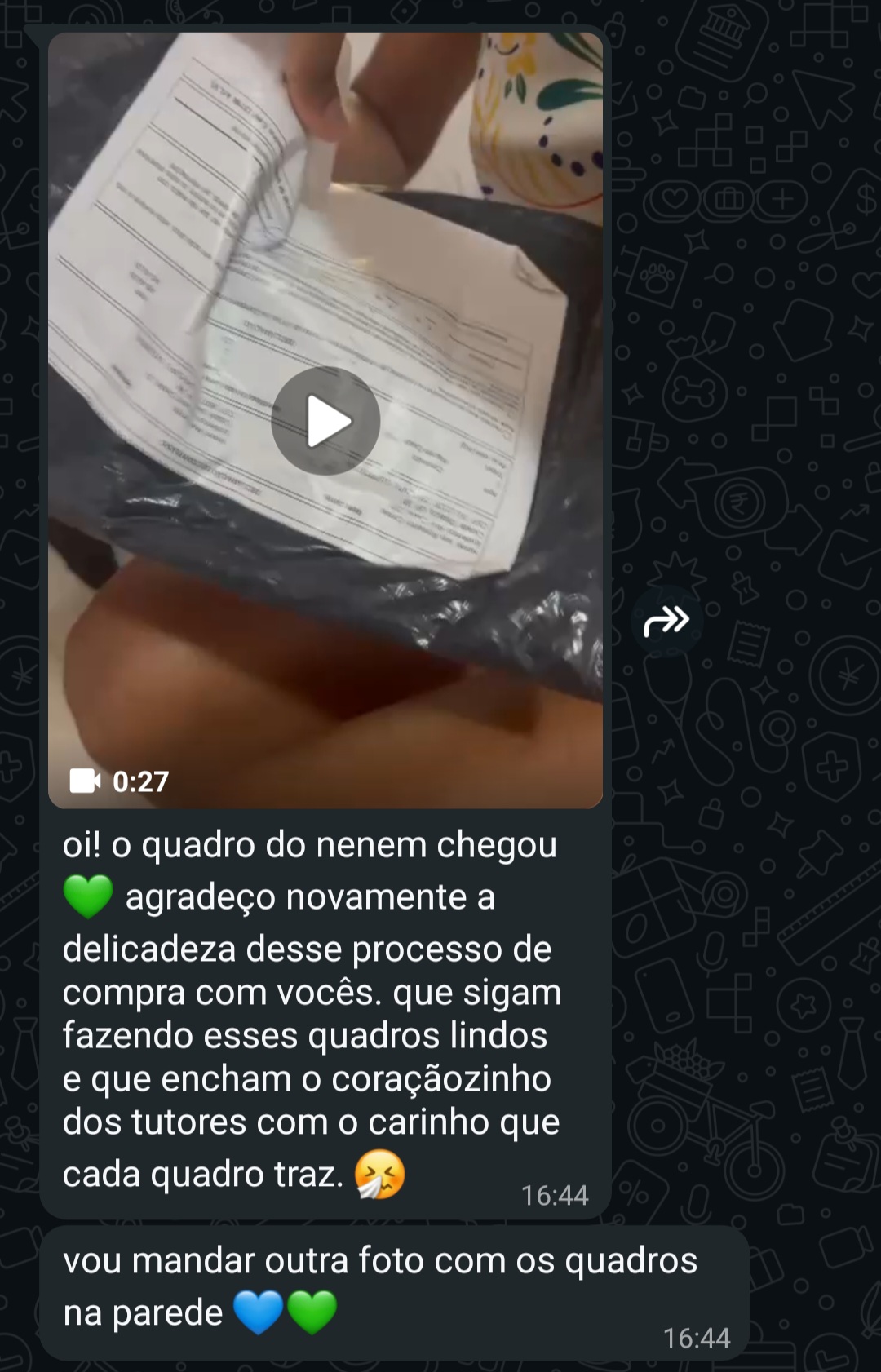 Mensagem real da cliente ao receber o quadro do pet