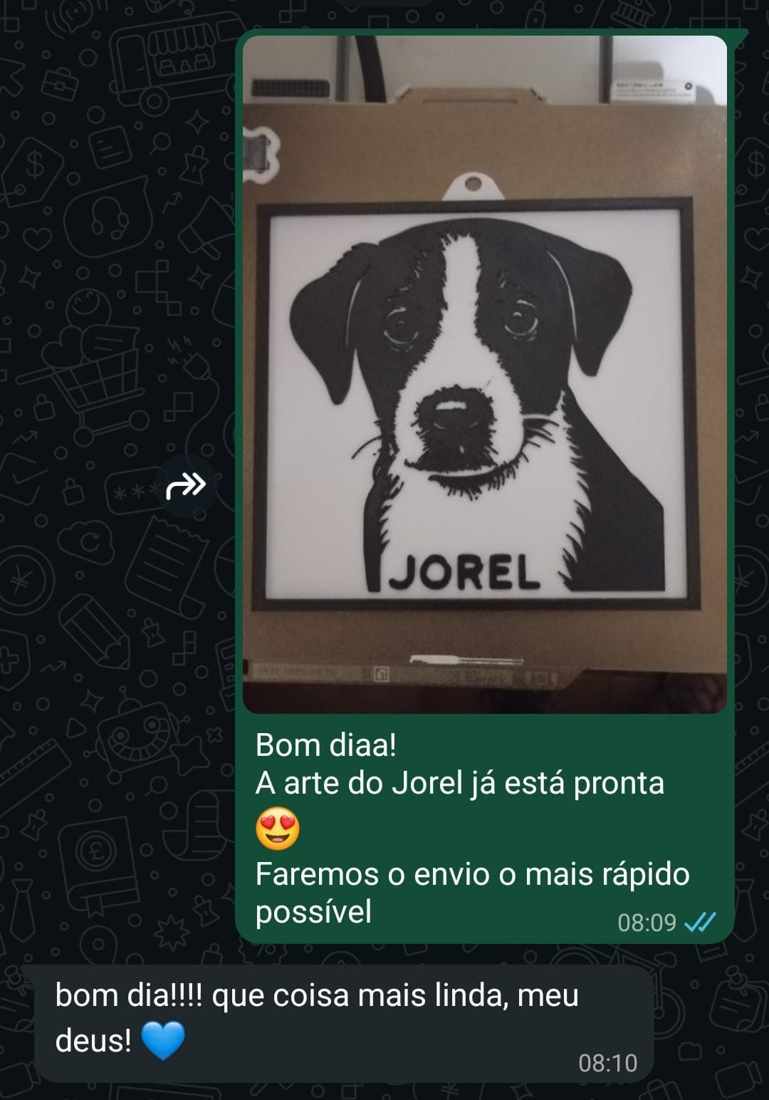 Print de conversa: cliente recebendo a arte pronta do pet e elogiando o resultado
